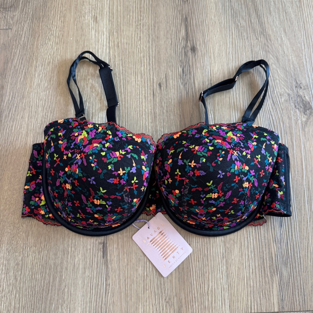 Savage X Fenty Balconette Bra 40DDD Multi Color Floral Embroidered Underwire NWT